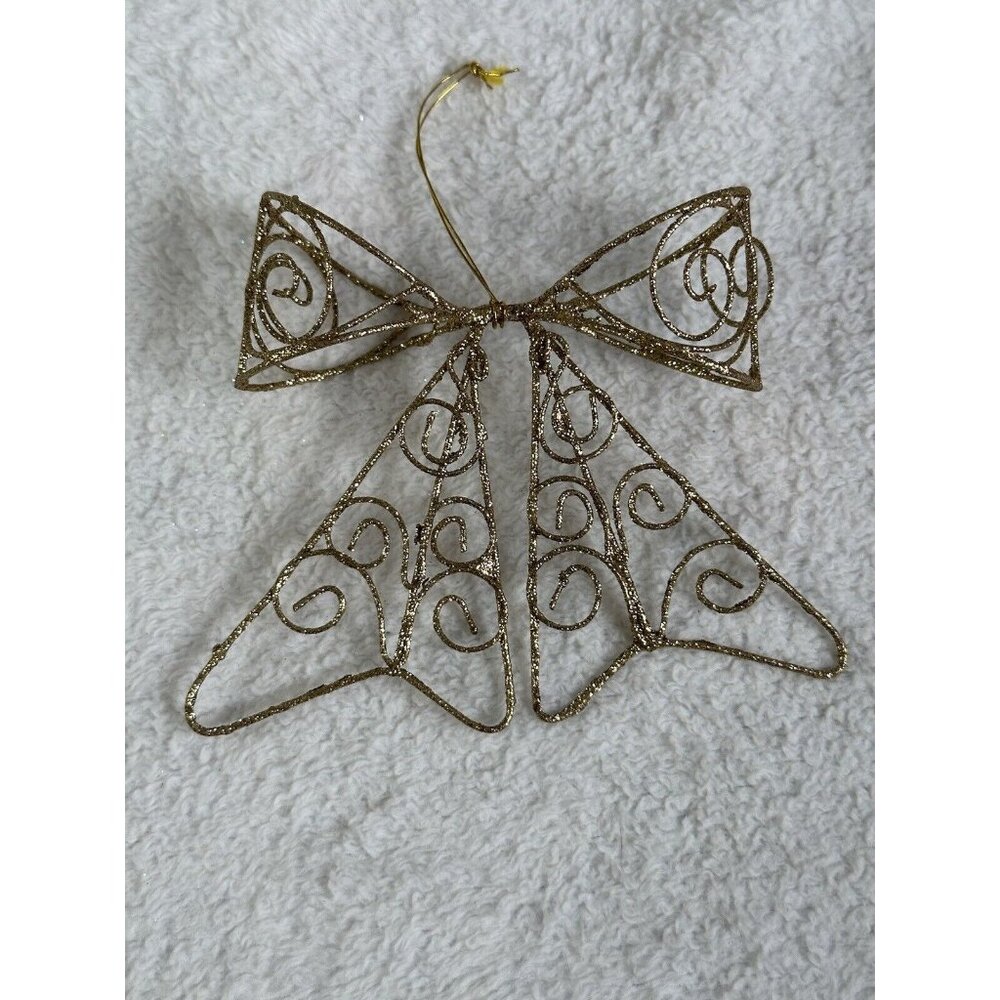 Wire Mesh Gold Glitter Filigree Bow Christmas Ornament Topper‎ Vintage Xmas